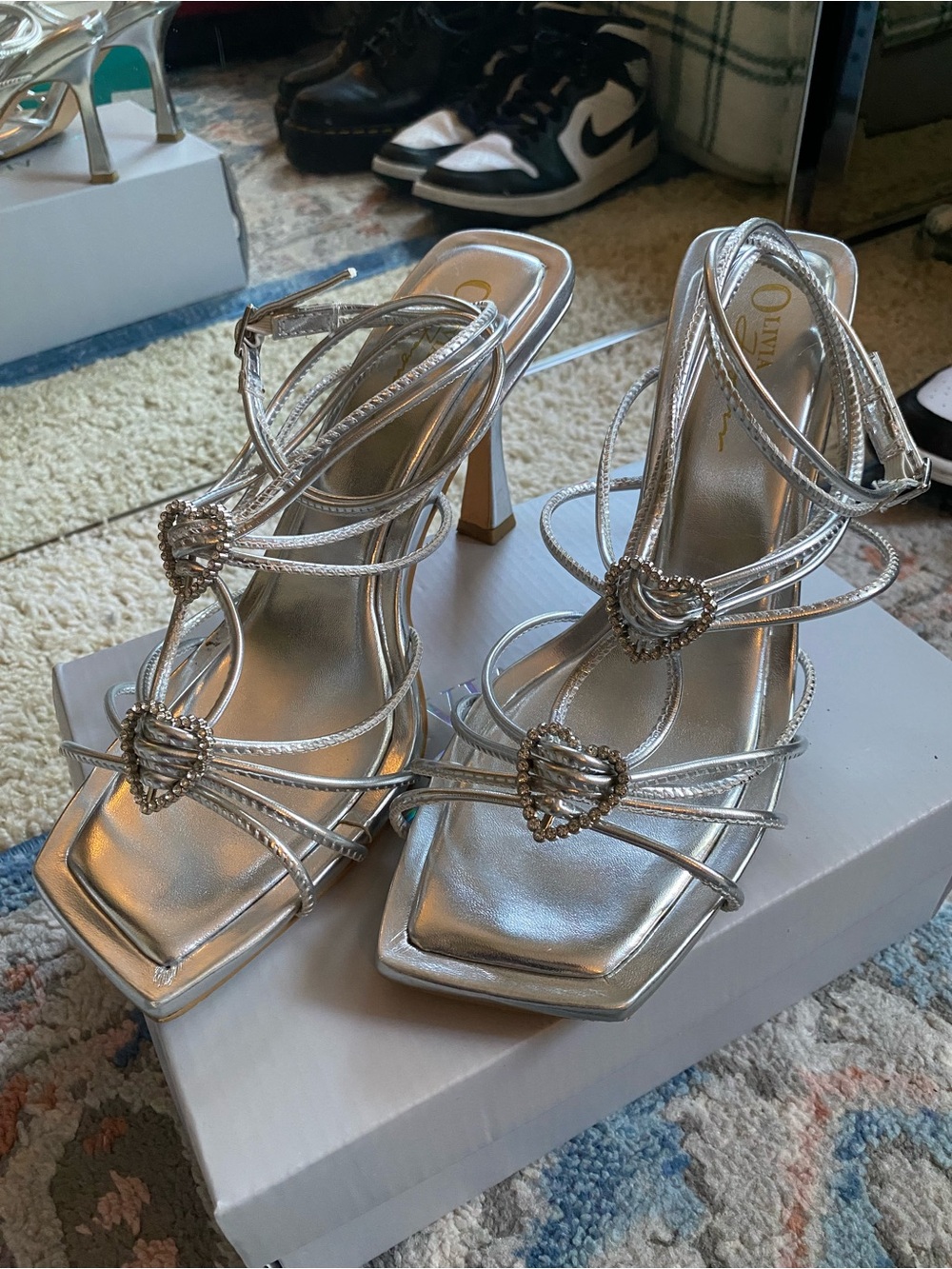 Olivia + Joy Silver Heart-Strap Stiletto Sandals